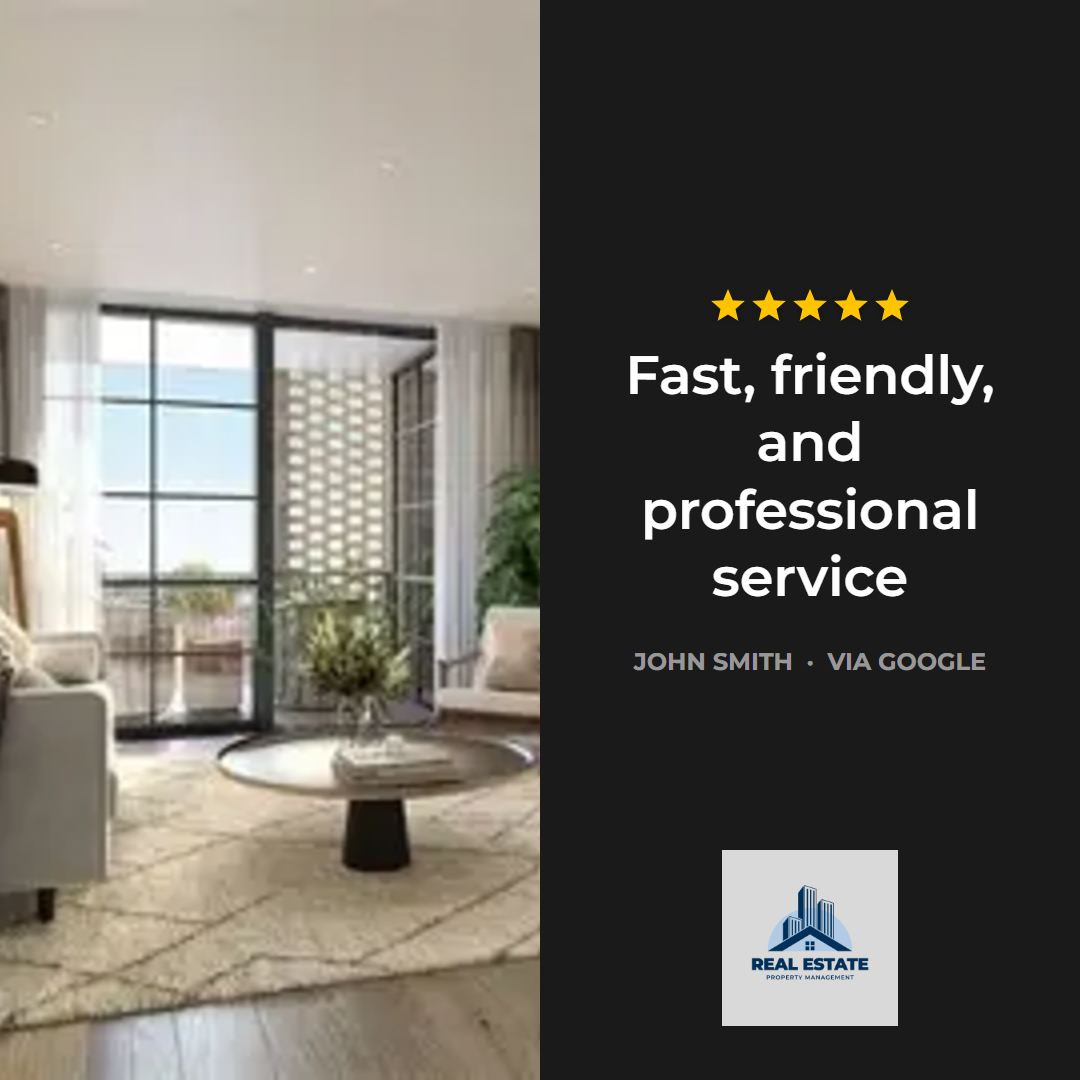 Example ProofPost graphic: a five-star Google review for a property management business
