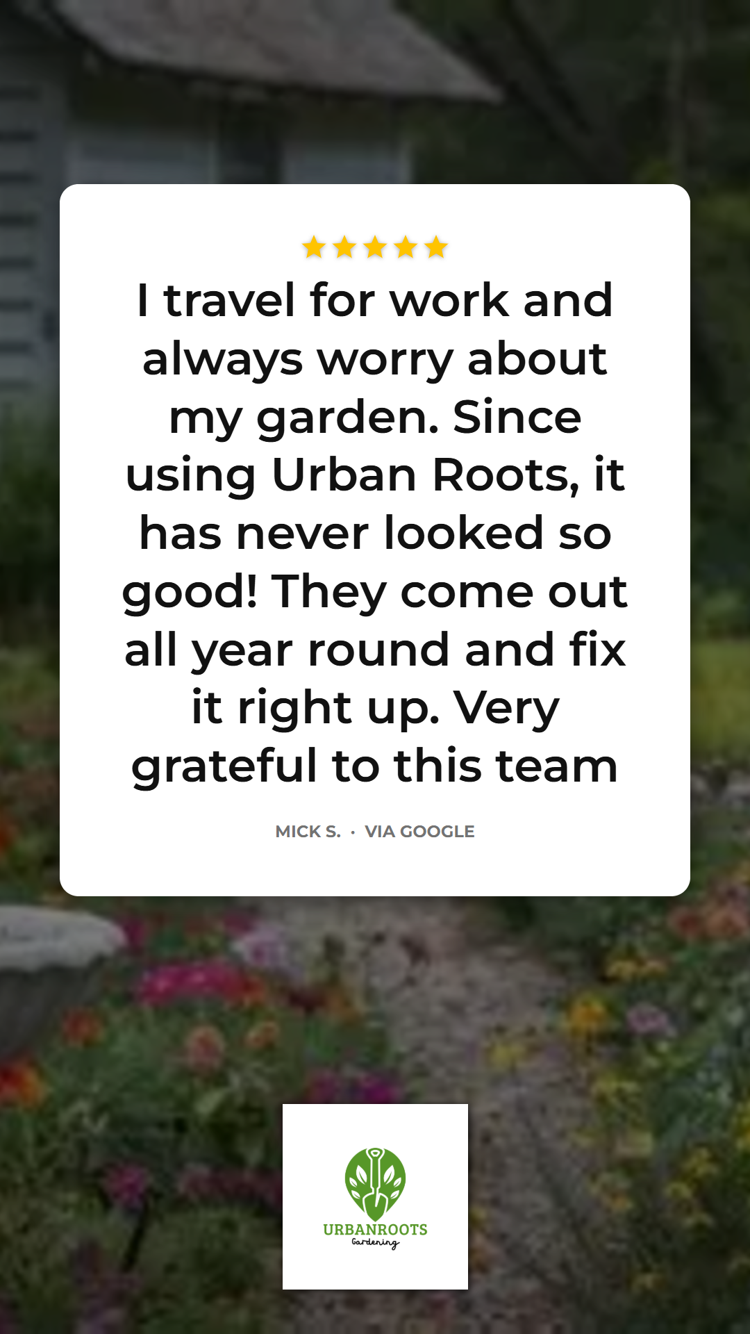 Example ProofPost graphic: a five-star gardening review over a garden photo